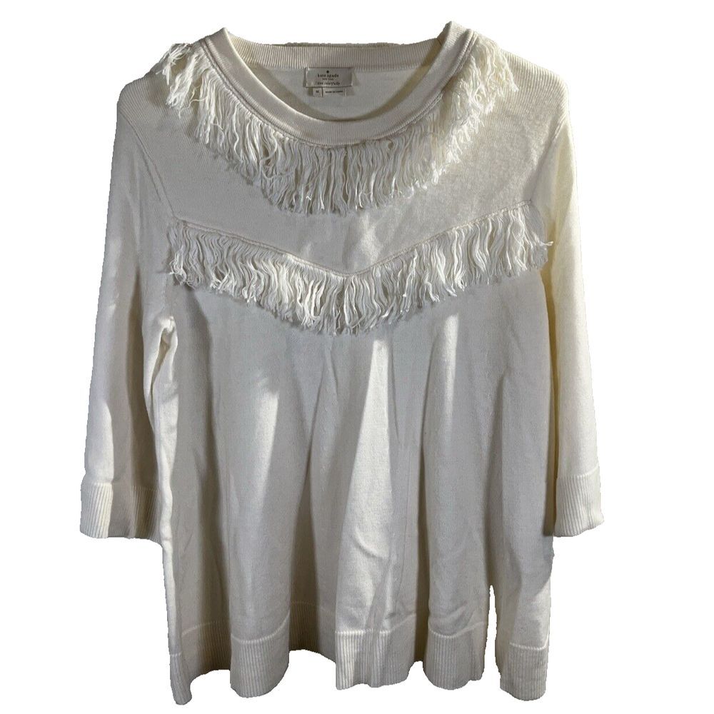 Kate Spade Ivory Wool Blend Fringe Scoop Neck Soft Sweater Women's Size Medium